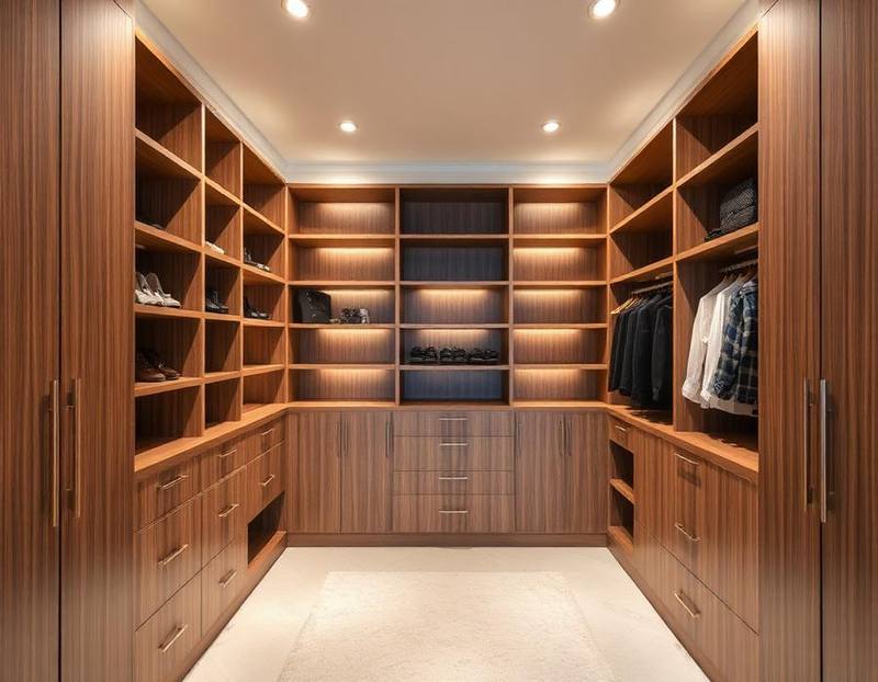 Custom walk-in closet with lit wood shelving