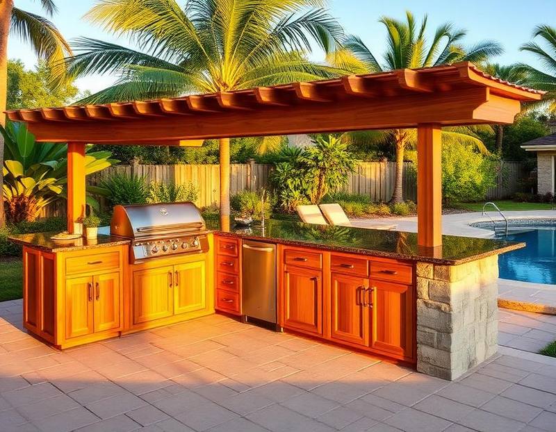 Outdoor patio kitchen with wood cabinetry beside a pool